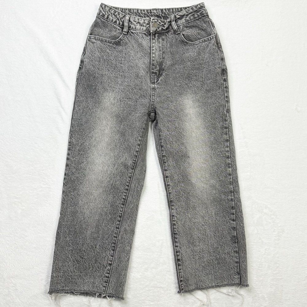 Le Lis Jeans Womens Medium Wide Leg Crop Gray Black Fade High Rise Raw Hem